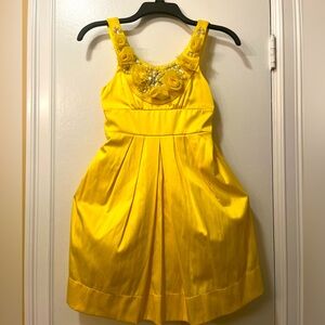 Daffodil Yellow Satin Dress Jeweled Crest girl good condition